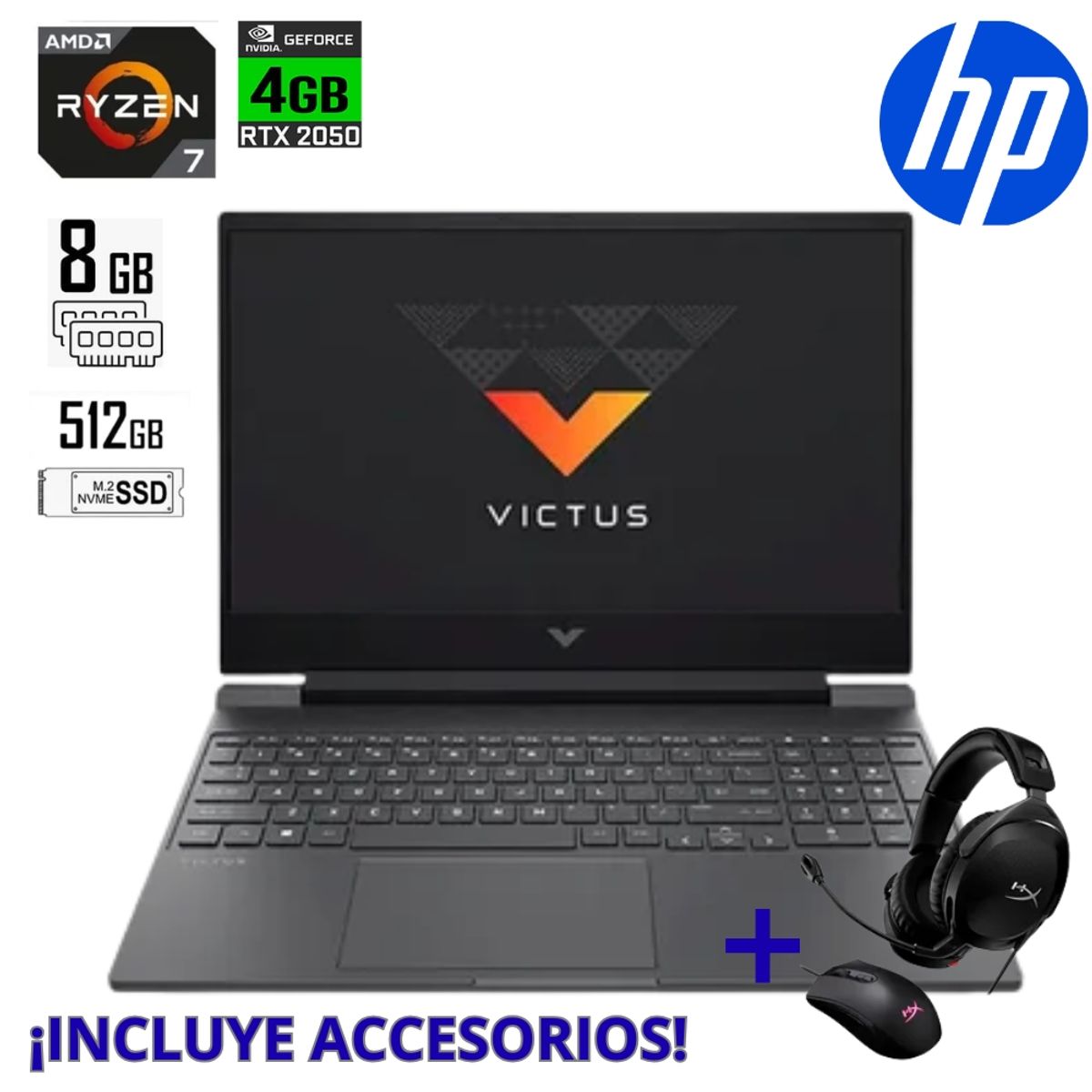 HP - LAPTOP HP VICTUS 15.6" AMD RYZEN 7-5800H RAM 8GB SSD 512GB NVIDIA GEFORCE RTX 3050 4GB+ ACCESORIOS