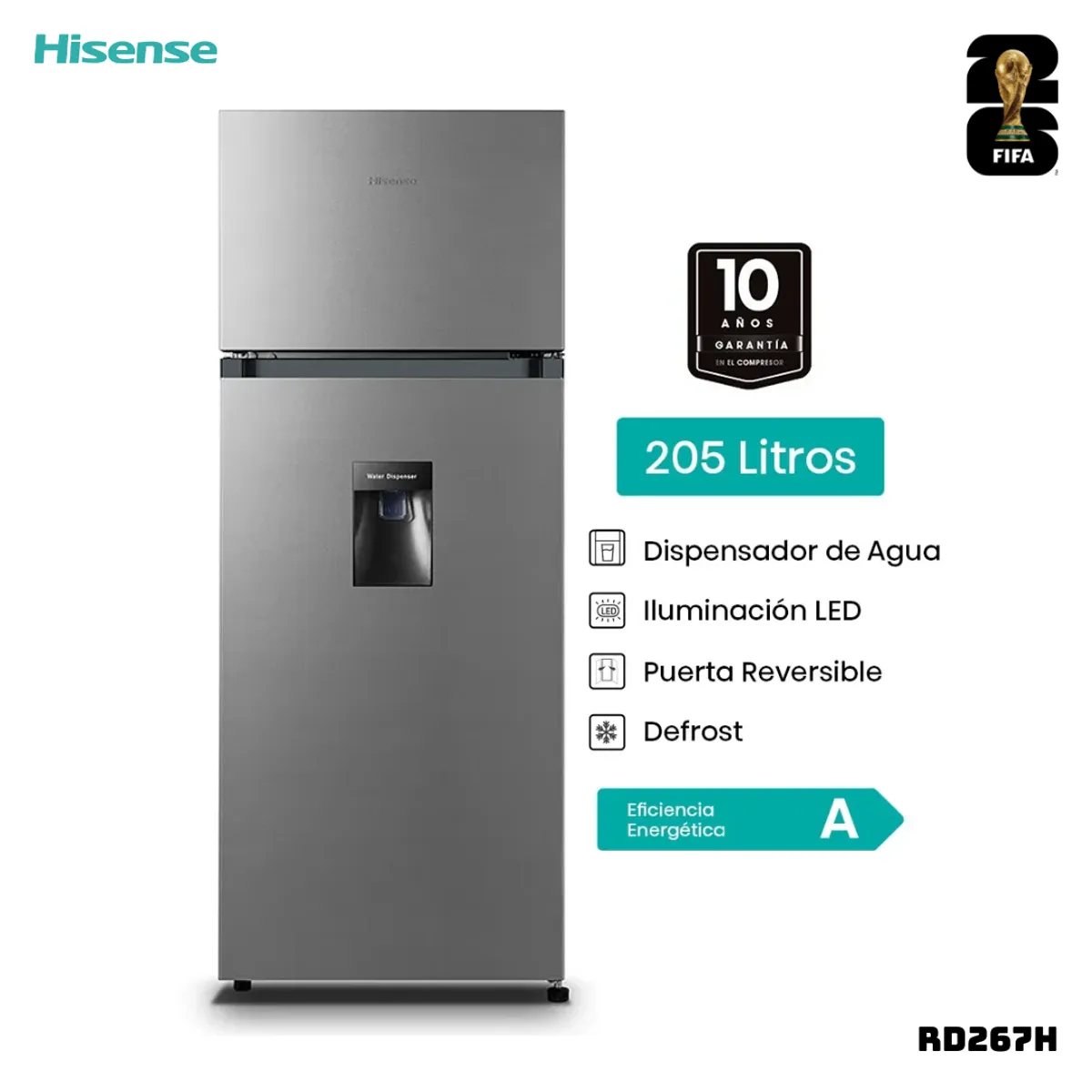 HISENSE - REFRIGERADORA HISENSE 205 L TOP FREEZER PLATEADO - RD267H
