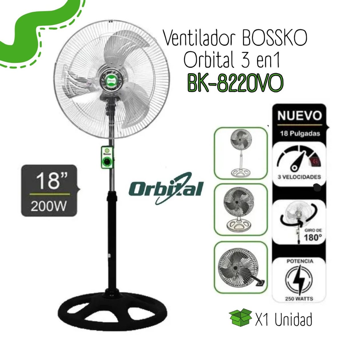 BOSSKO - Ventiladores 3 en 1 BK-8220VO de 18 de 250W Orbital