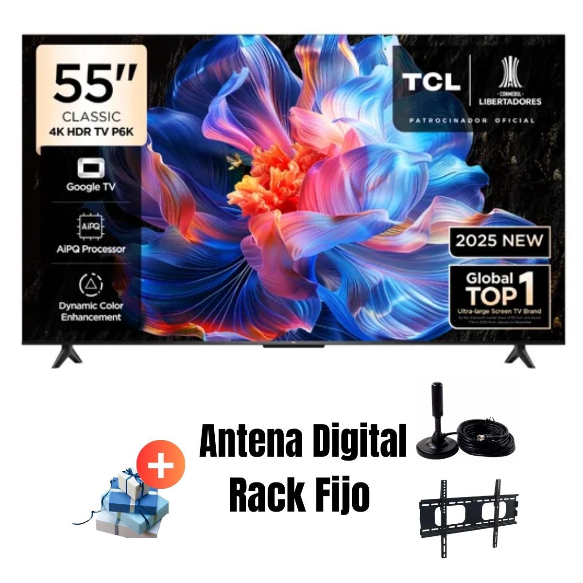 TCL - Televisor 55'' TCL UHD 4K Google TV 55P6K 2025 + Ant + Rack Fijo