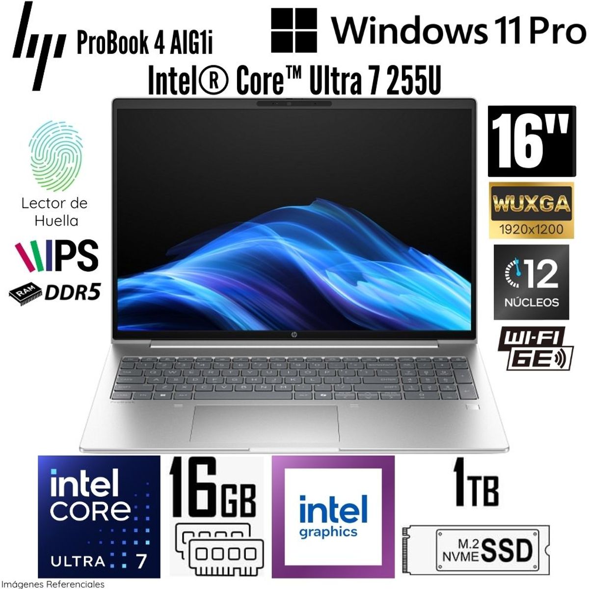 HP - Laptop HP ProBook 4 AIG1i Intel Core Ultra 7 255U 16GB RAM DDR5 1TB SSD 16"  WUXGA - Plateado