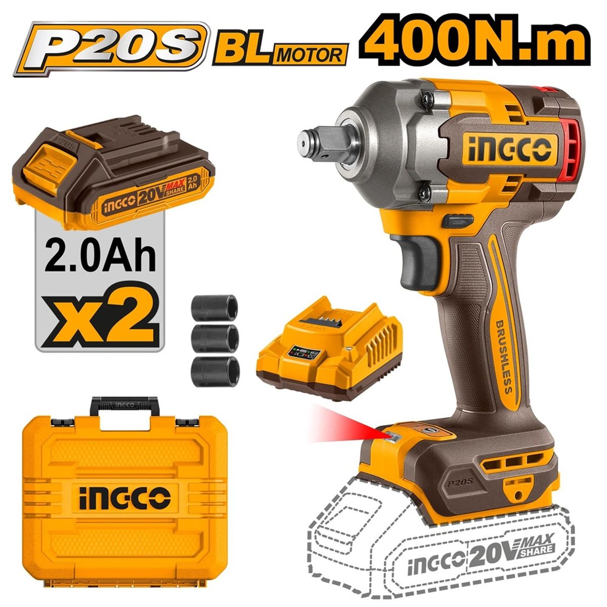 INGCO TOOLS - LLAVE DE IMPACTO BRUSHLESS INGCO 20V 400NM +2 BATERÍAS 2.0AH CIWLI2040