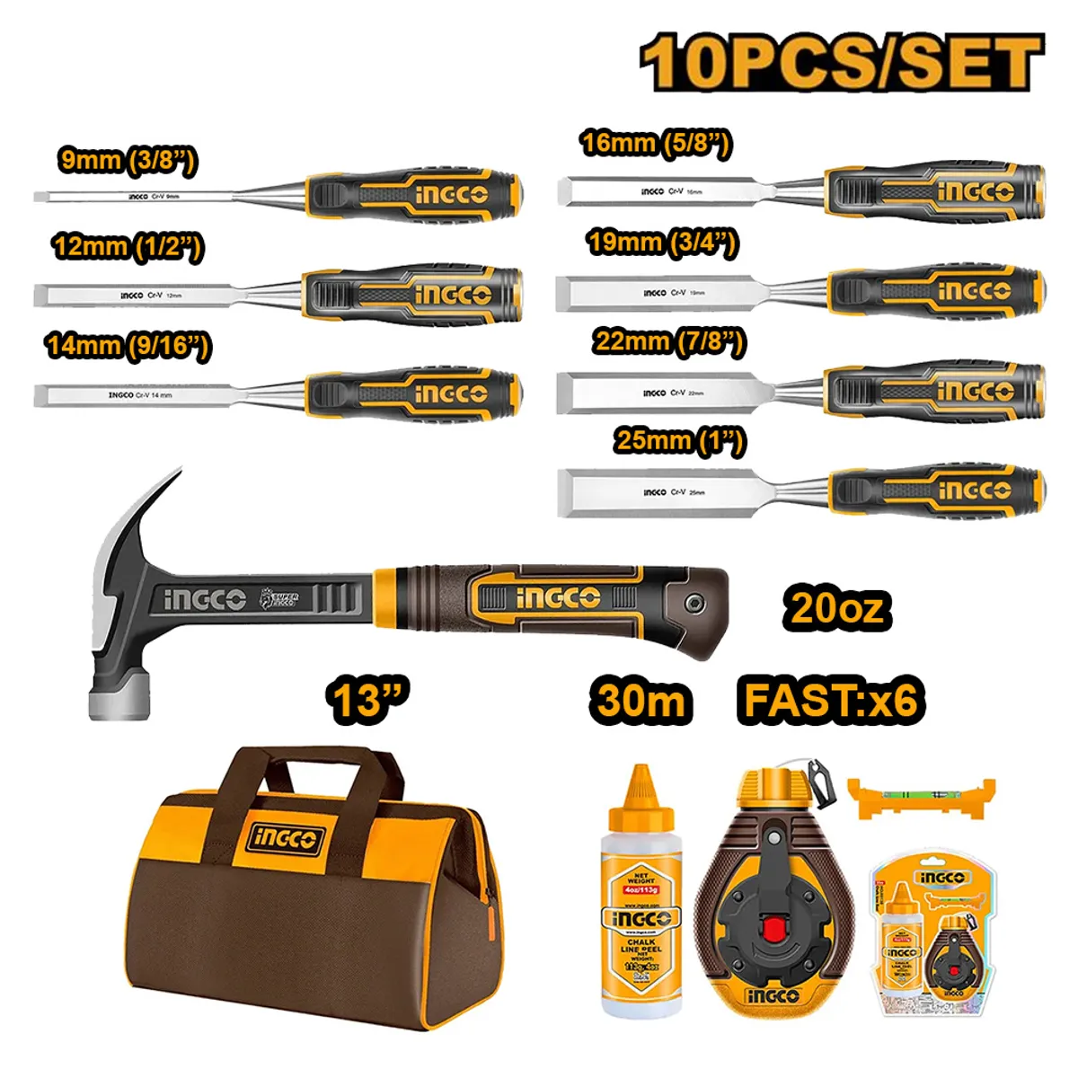 INGCO TOOLS - KIT 10 HERRAMIENTAS PROFESIONALES PARA CARPINTERÍA INGCO COS230906