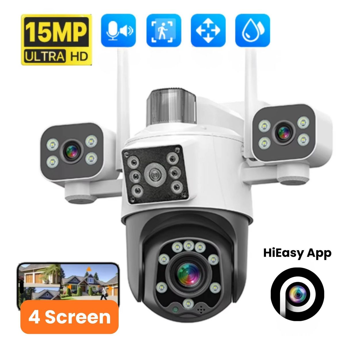 SEISA - Camara Seguridad Lantun 4G con Chip PTZ Full HD 4 Lentes Zoom 16X Sirena  HiEasy