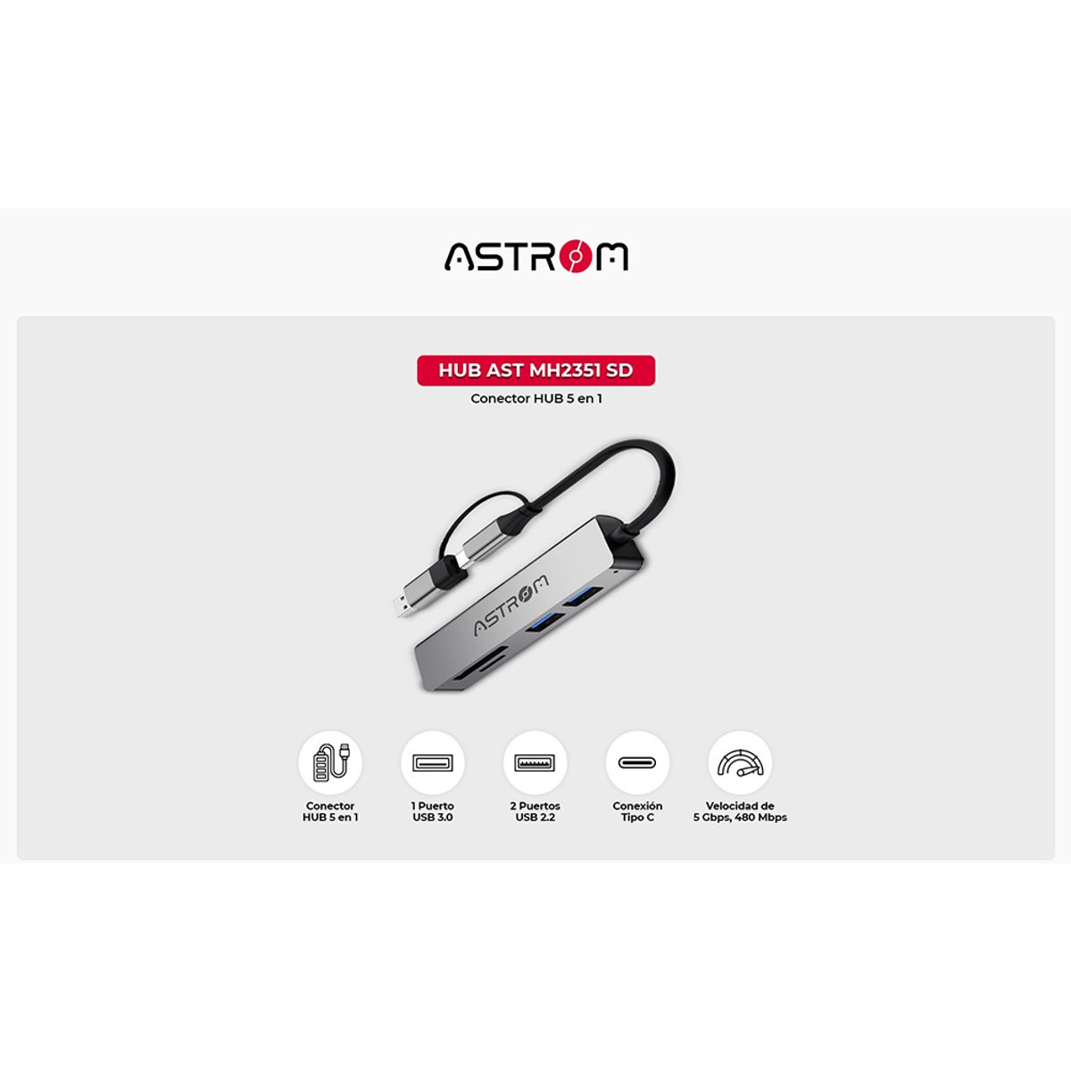ASTROM - Adaptador HUB USB 5 EN 1 ASTROM MH2351-SD