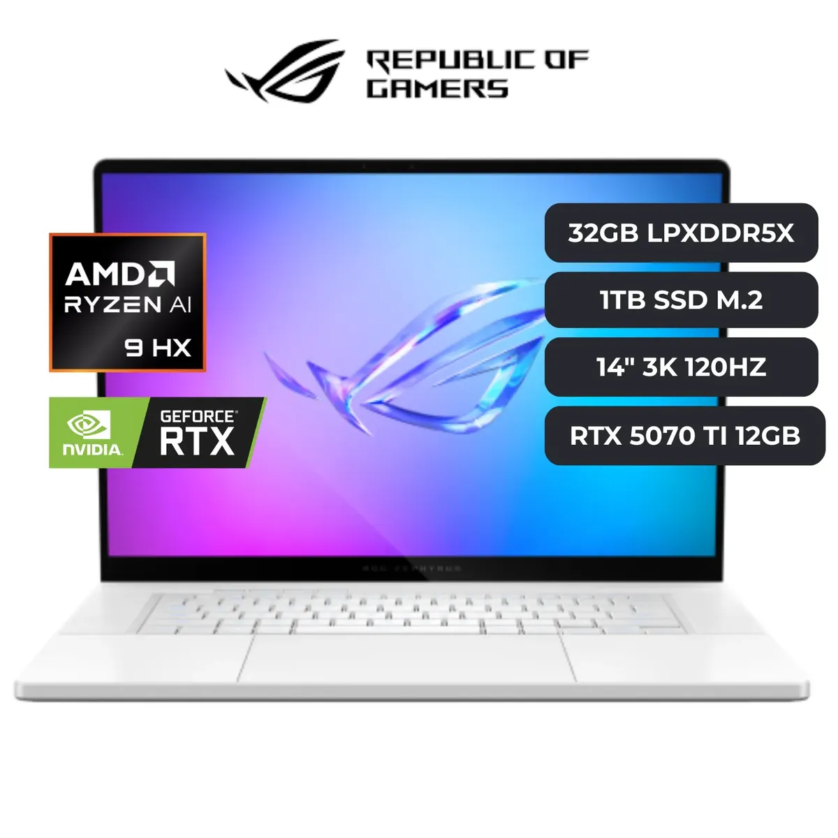 ASUS - Laptop ASUS ROG ZEPHYRUS G14 RYZEN AI 9 370 HX, RTX 5070 TI 12GB, 32GB RAM, 1TB M.2, 14" 3K 120HZ.