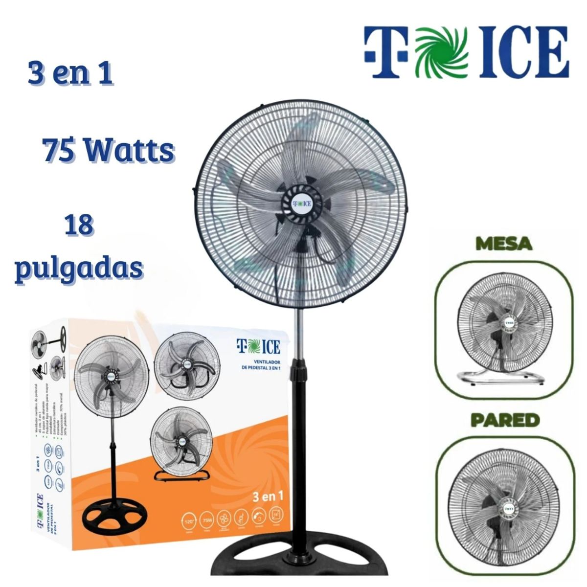 GENERICO - VENTILADOR T-ICE 75 WATTS, 3 EN 1 PEDESTAL, MESA Y PARED