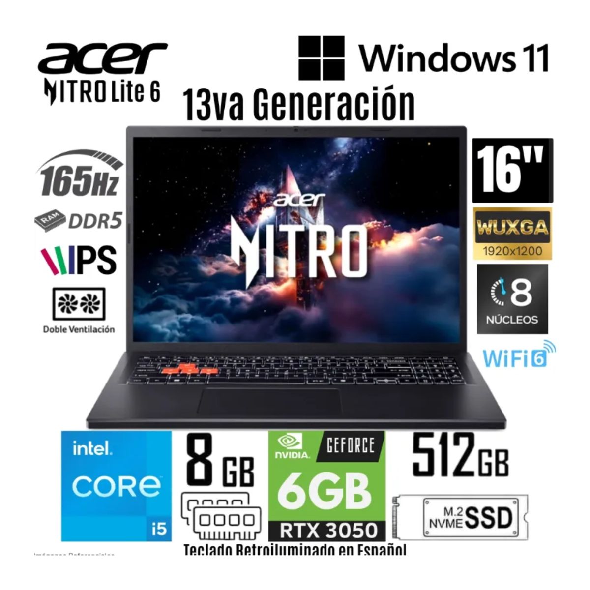 ACER - Laptop Acer Nitro Lite I5 13va 512gb 8gb Rtx 3050 6gb Españo Negro