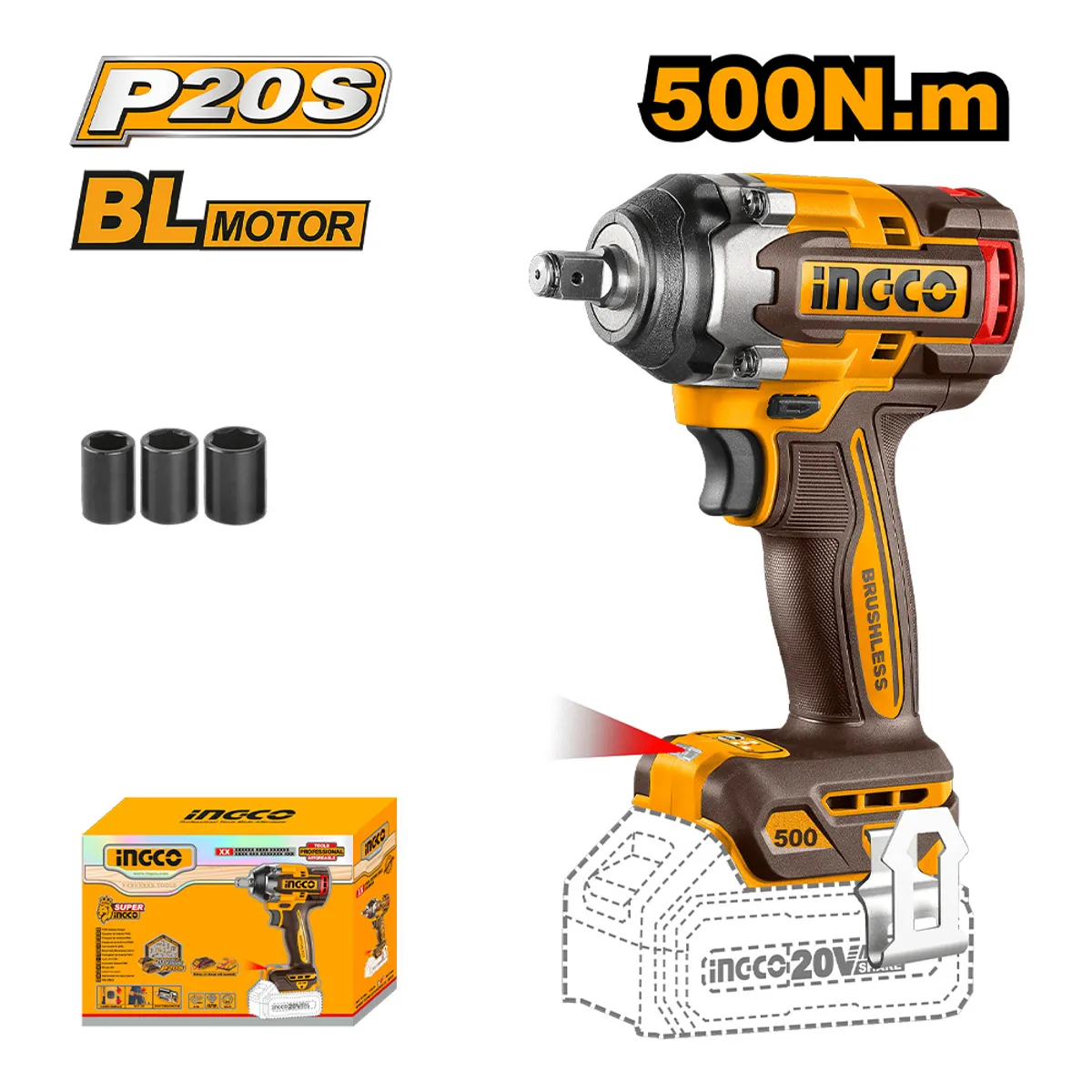 INGCO - LLAVE DE IMPACTO BRUSHLESS INGCO 20V 500NM CIWLI20501