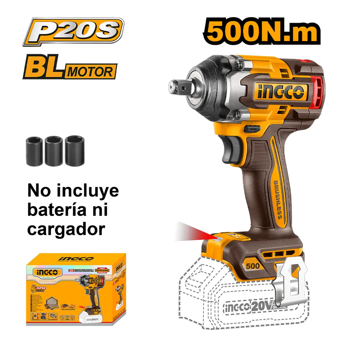 INGCO - LLAVE DE IMPACTO BRUSHLESS INGCO 20V 500NM CIWLI20501