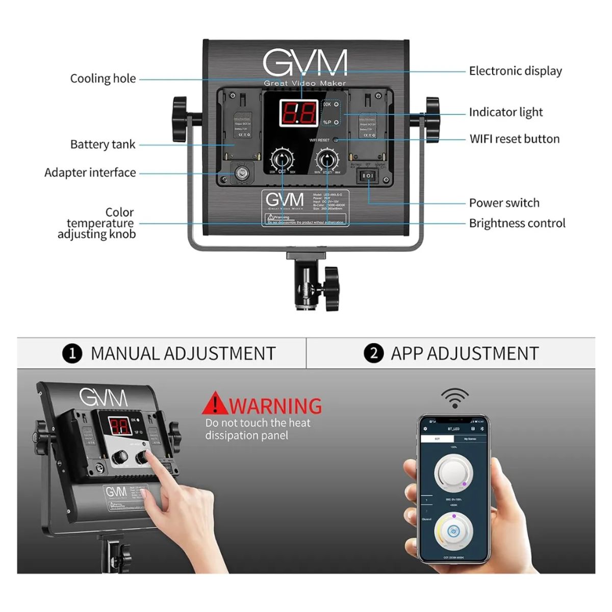 GENERICO - Kit 3 Luces Led Gvm 480 Bicolor 2300k-6800k Cri 97