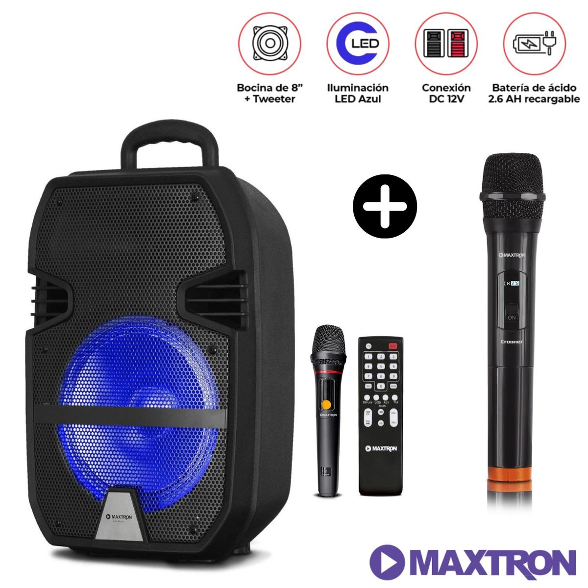 MAXTRON - Parlante Bluetooth Maxtron Libidum MX321VB con 2 Micrófono Inalámbrico