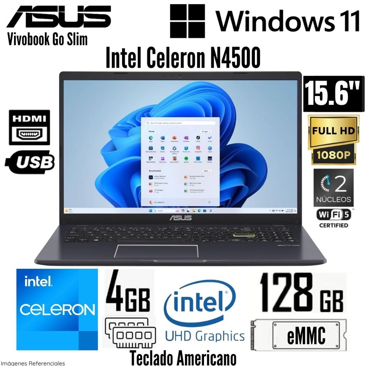 ASUS - Laptop Asus Vivobook Go Slim L510KA-ES04 Intel Celeron N4500 4GB RAM 128GB eMMC 15.6"  FHD