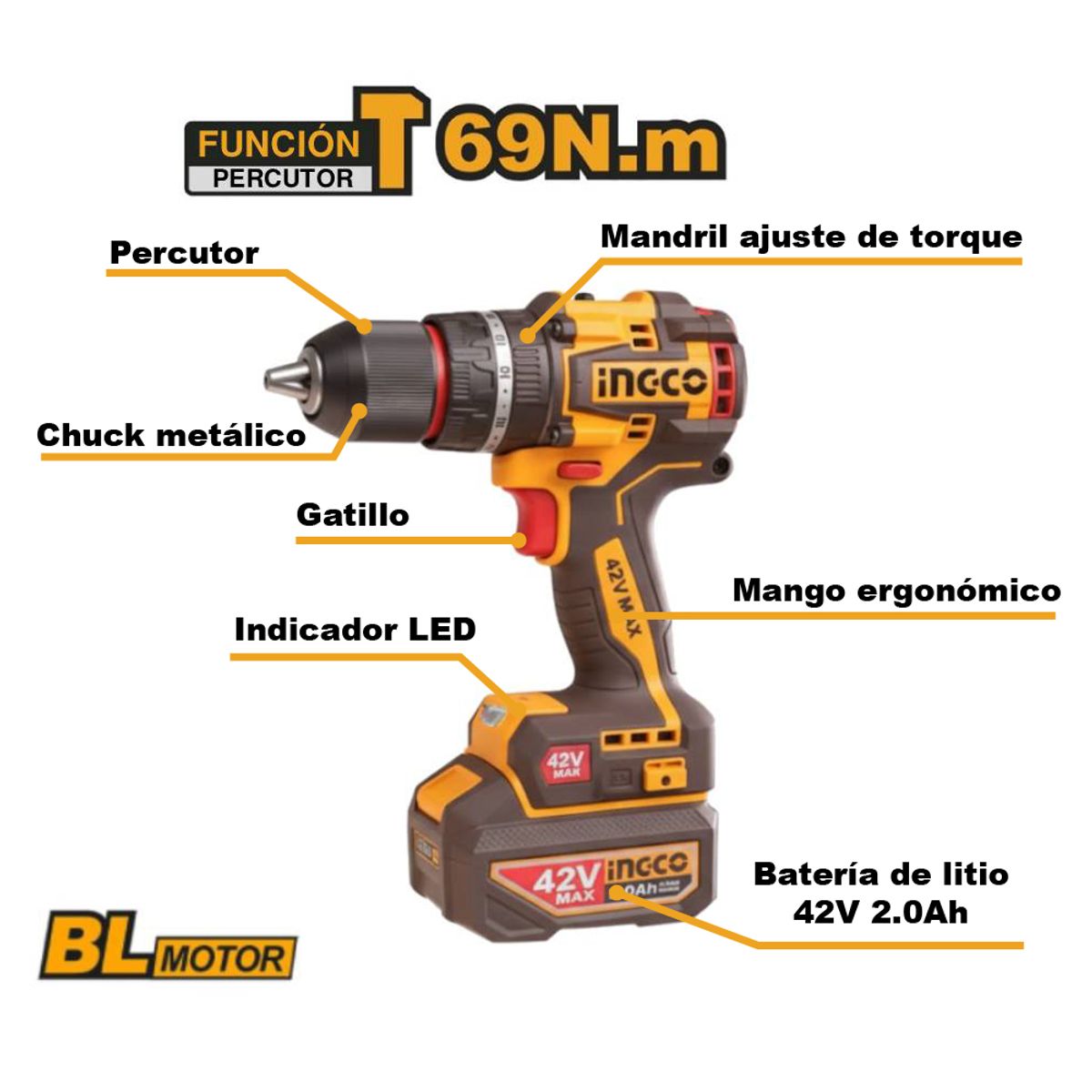 INGCO TOOLS - PERCUTOR BRUSHLESS INGCO 42V 69NM + 1 BATERÍA CON CARGADOR CIDLI426981