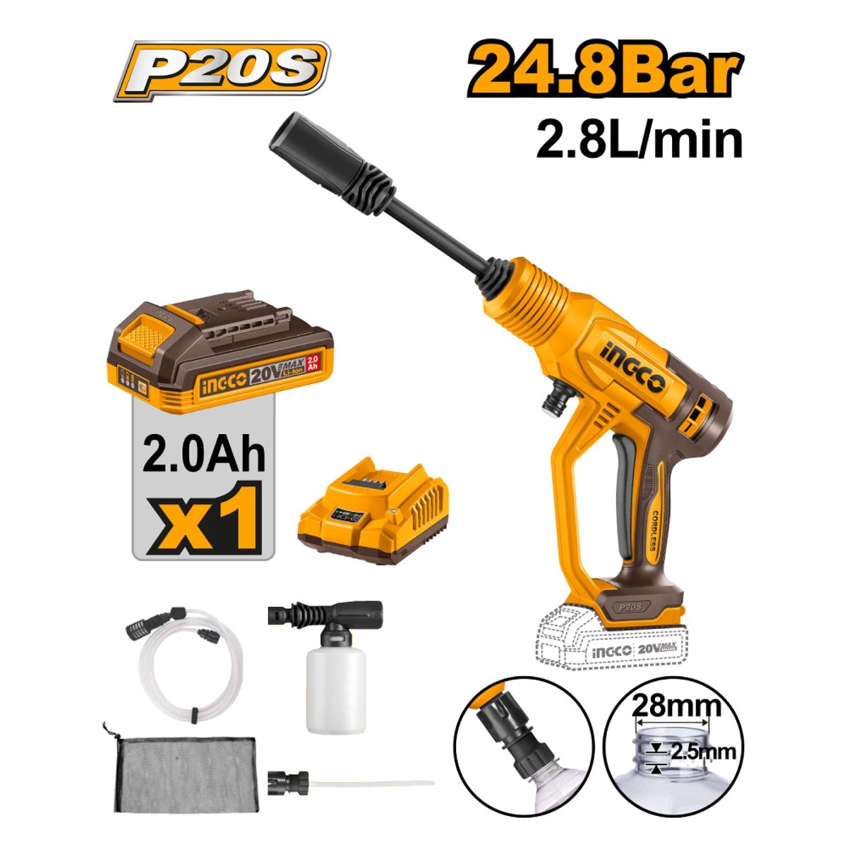 HIDROLAVADORA INGCO 20V BATERÍA 2.0AH + KIT DE ACCESORIOS CPWLI20362, marca INGCO TOOLS - Foto Principal