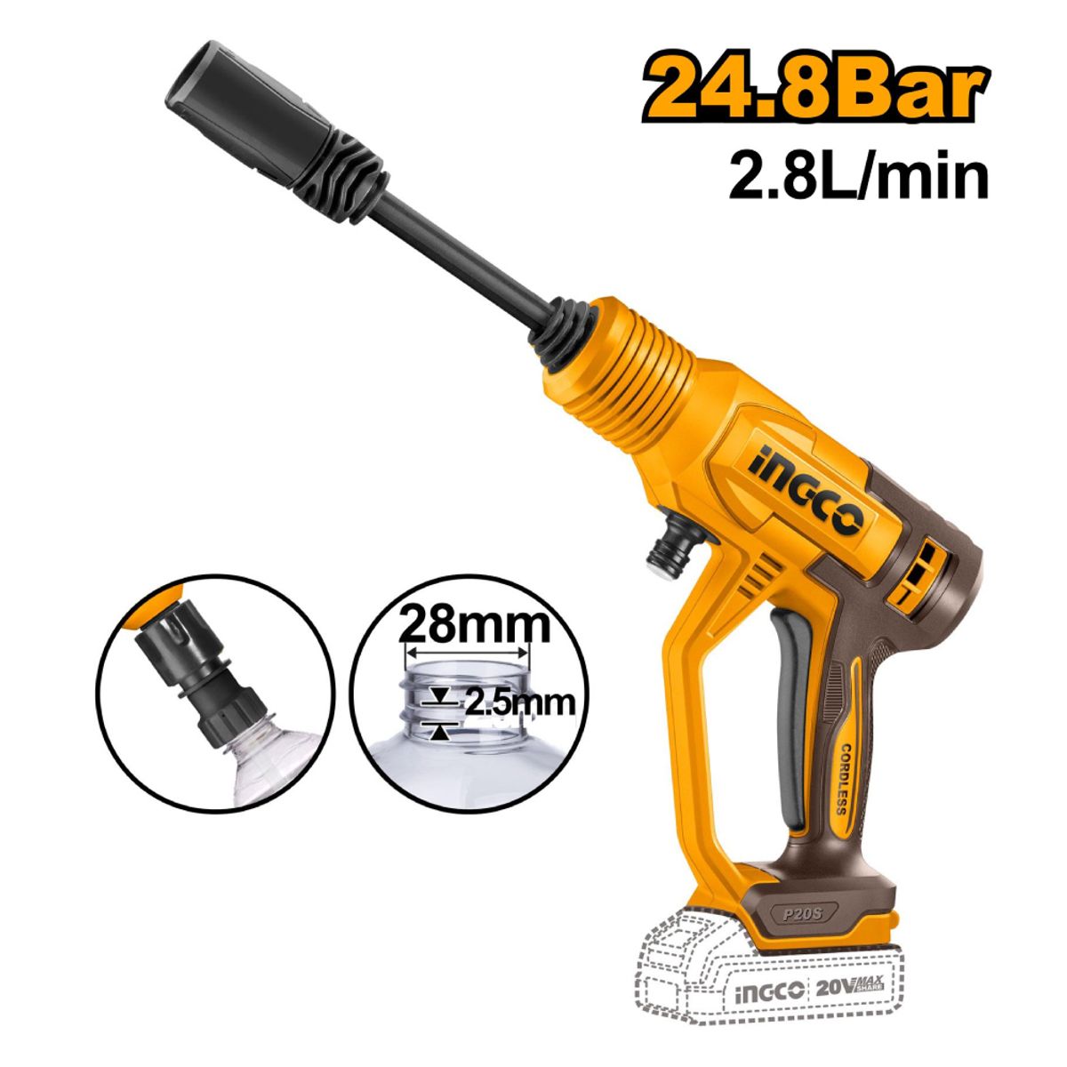 HIDROLAVADORA INGCO 20V BATERÍA 2.0AH + KIT DE ACCESORIOS CPWLI20362, marca INGCO TOOLS - Foto 2