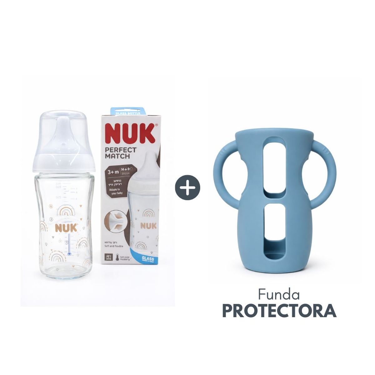 GENERICO - Biberón Perfect Match vidrio 230ml  + Funda protectora Celeste