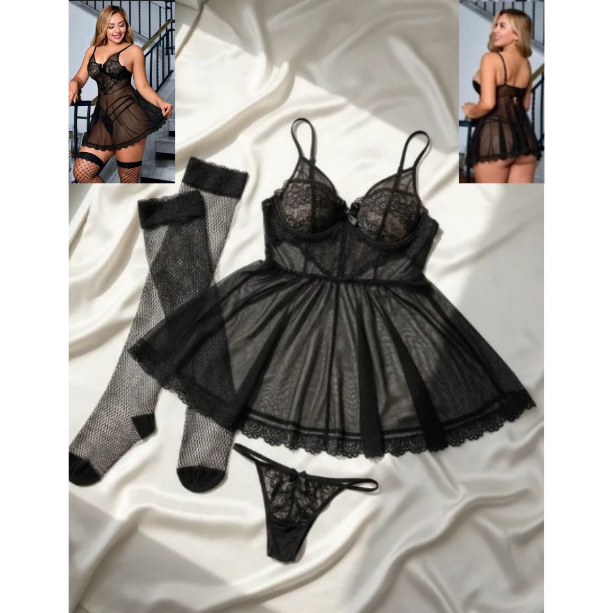 GENERICO - BABYDOLL LENCERIA SEXY TRANSPARENTE ENCAJE TUL  TALLA   S -M- L