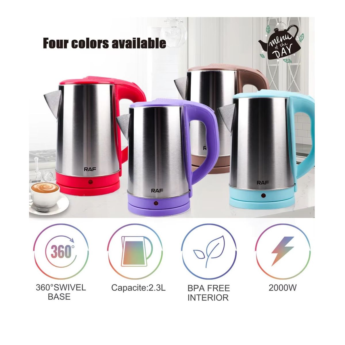 RAFF - Hervidor Eléctrico De Acero Inoxidable 2,3 L 2000 W MORADO