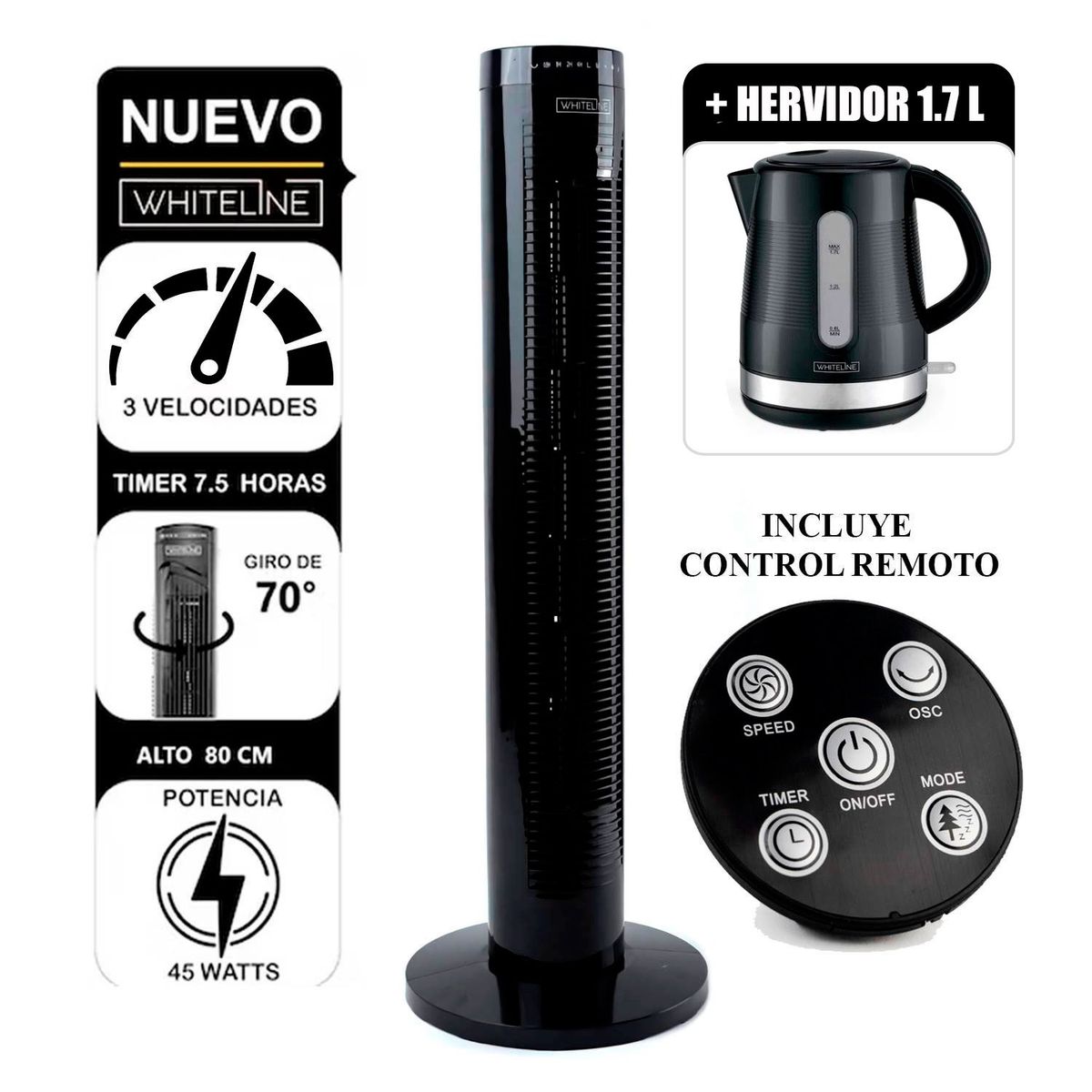 WHITELINE - Ventilador de Torre YF-T03214 45W con Control +Hervidor