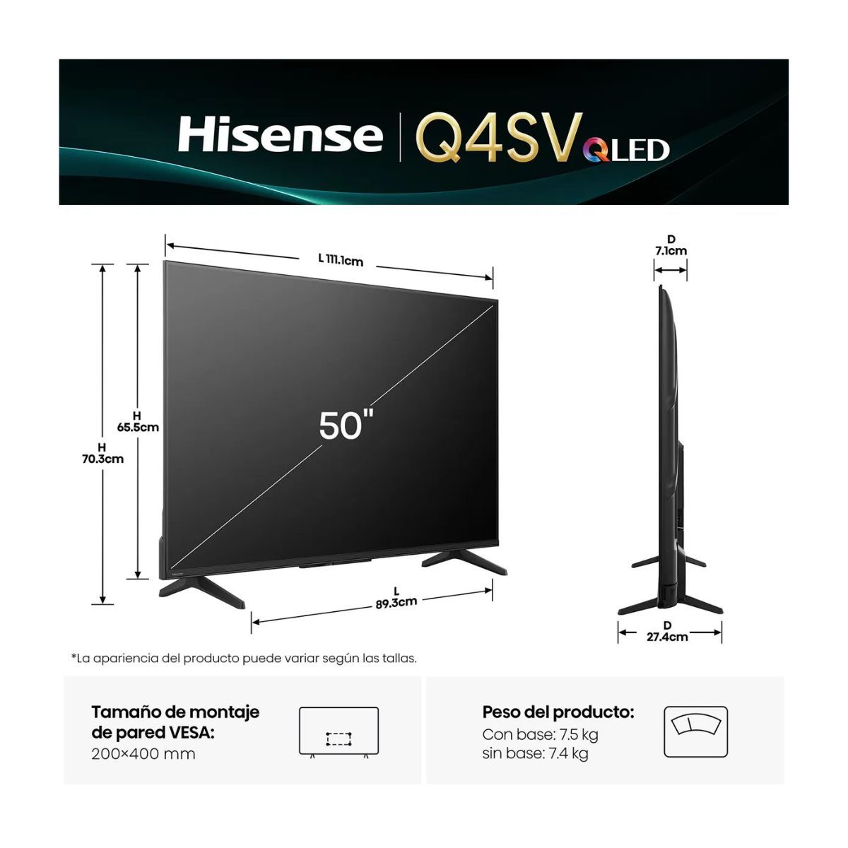 HISENSE - Televisor 50'' QLED FHD VIDAA 50Q4SV 2025