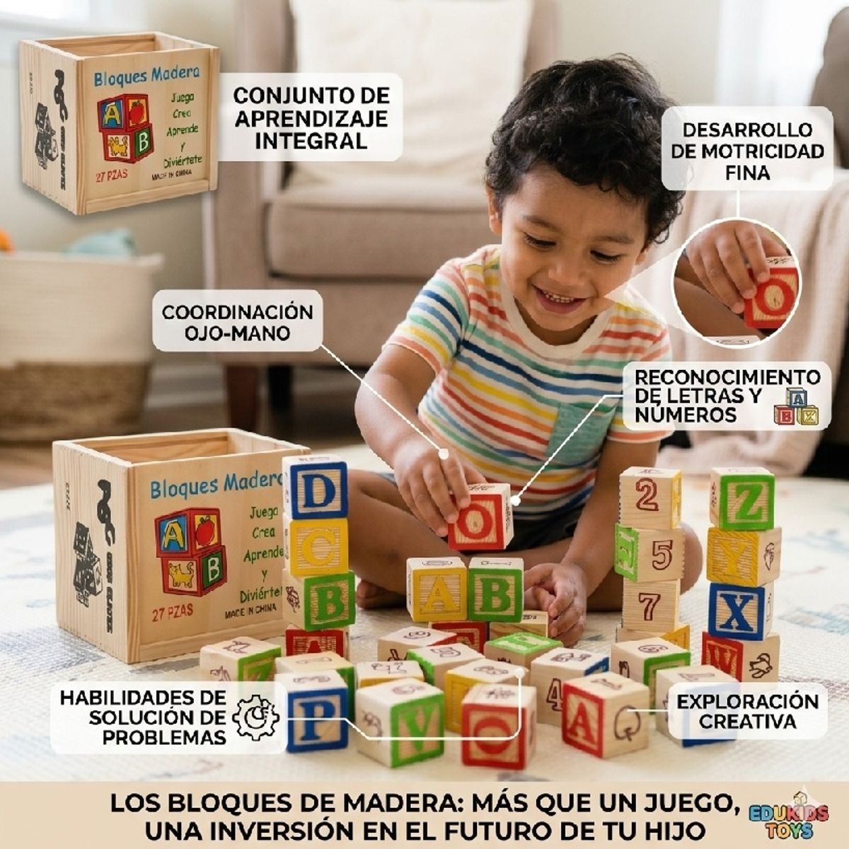 GENERICO - Cubos Didácticos de Madera Abecedario 27 Piezas