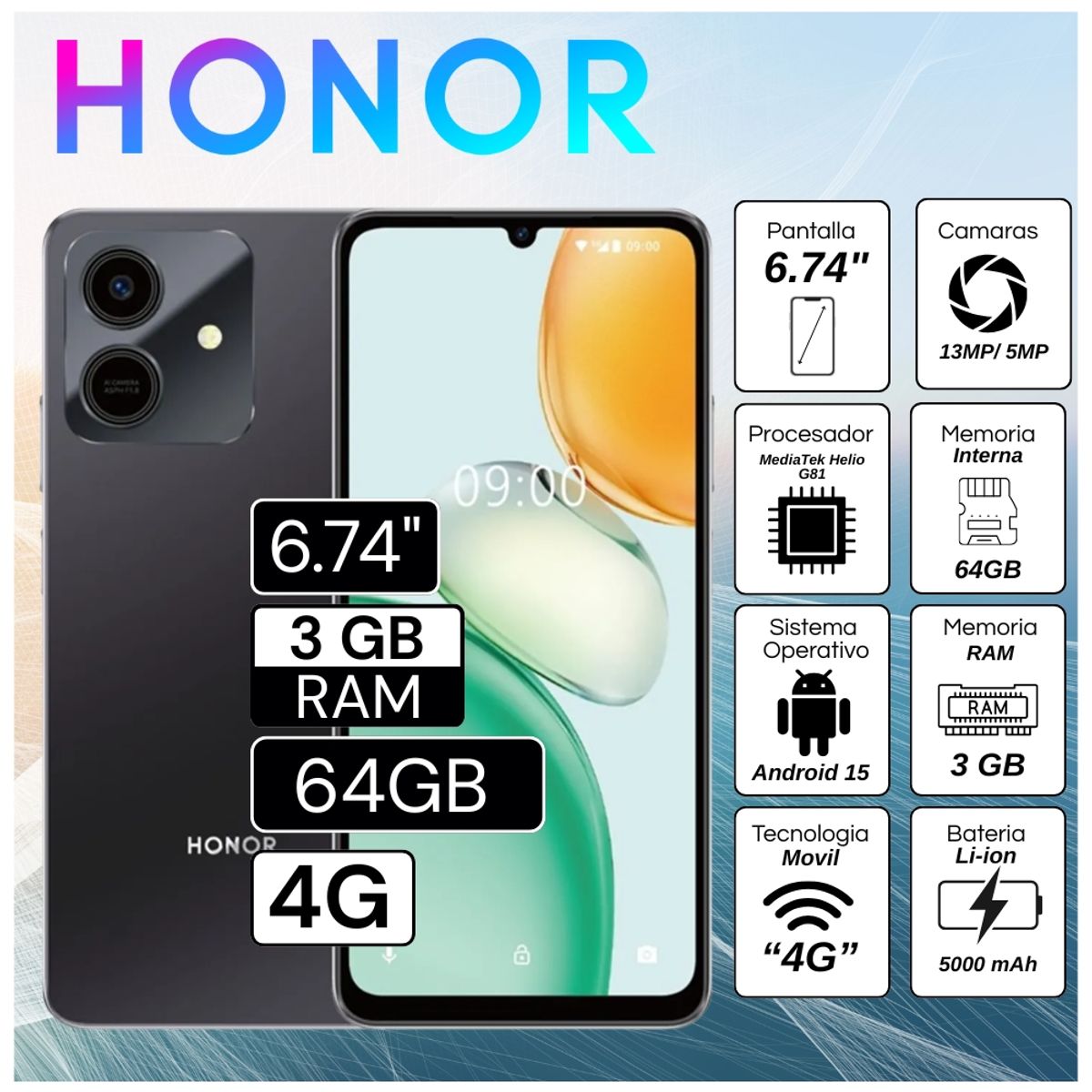 HONOR - Celular Honor Play 10  6.74" Pulg. 3GB RAM 64GB Android 15 - Negro Medianoche