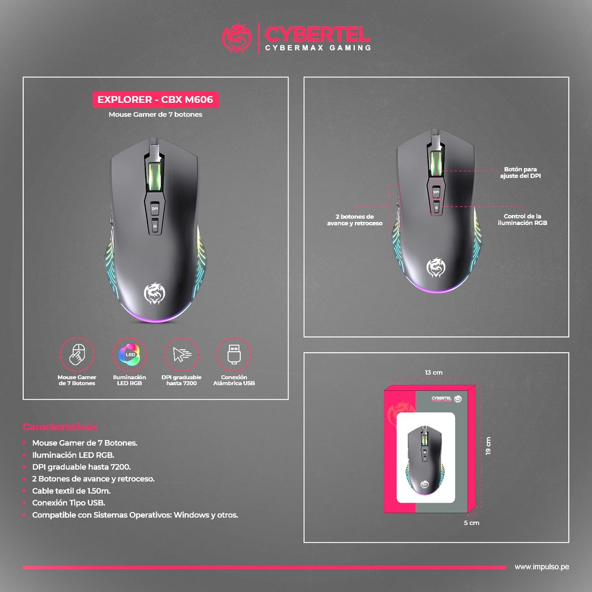 CYBERTEL - Mouse Gamer RGB 7B 7200DPI Cybertel Explorer CBX M606