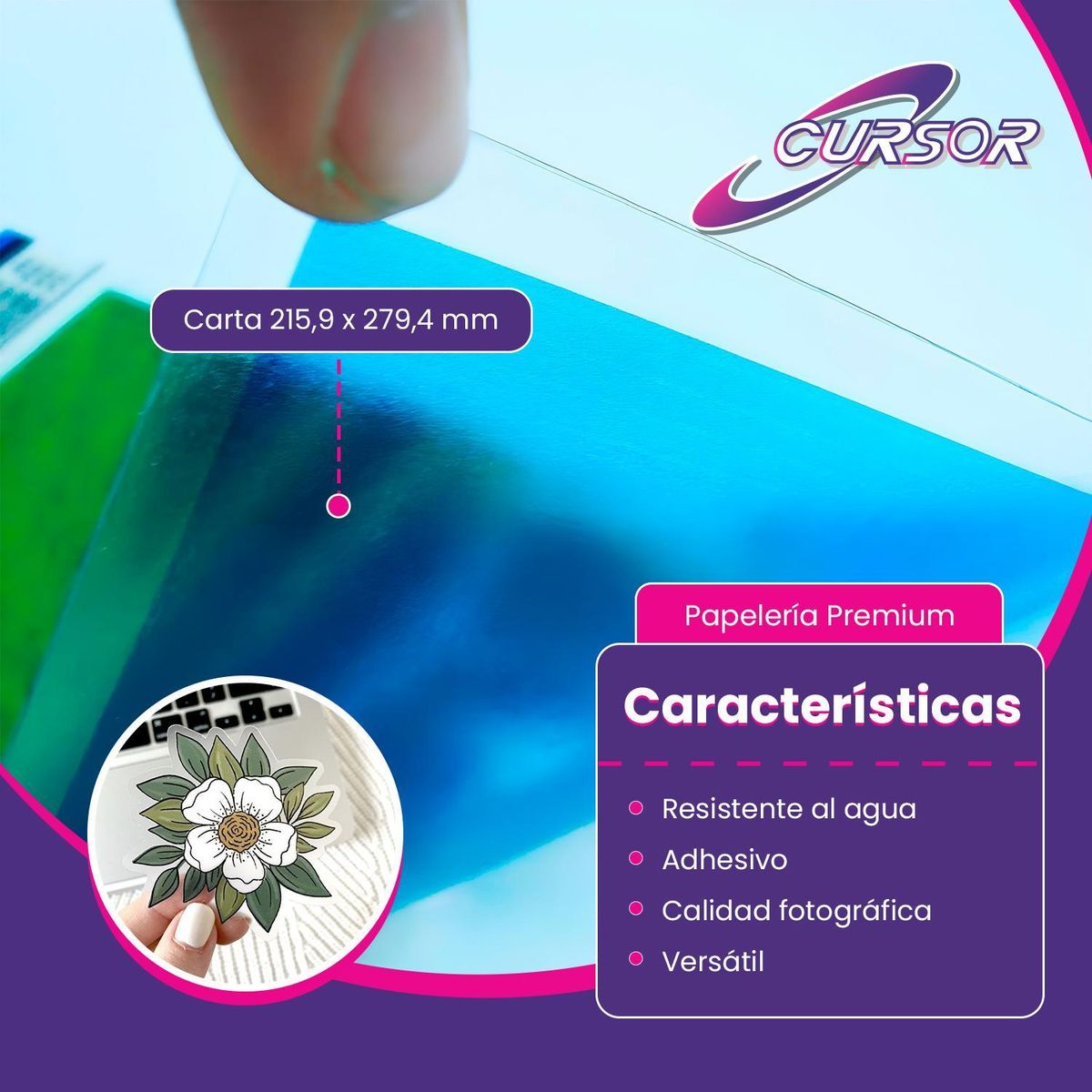 GENERICO - Papel Vinilo Adhesivo 30 Hojas Semi Transparente Carta Imprimible Cursor