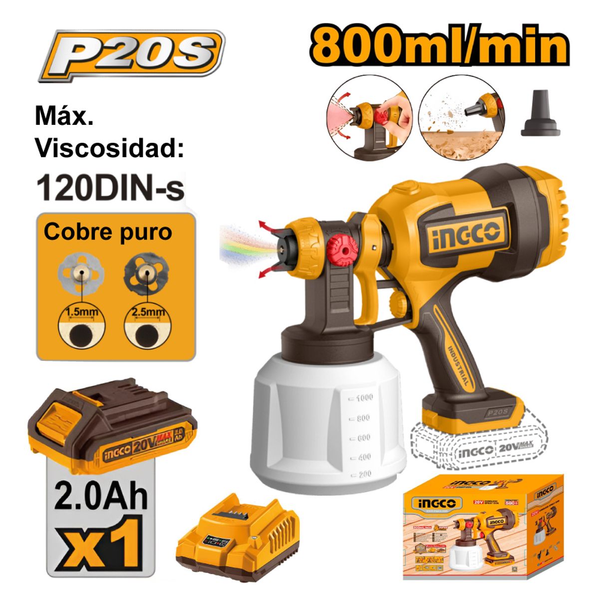 INGCO TOOLS - PISTOLA PARA PINTAR INGCO 20V 800MLMIN 120DIN-S + BATERÍA CSGLI20042