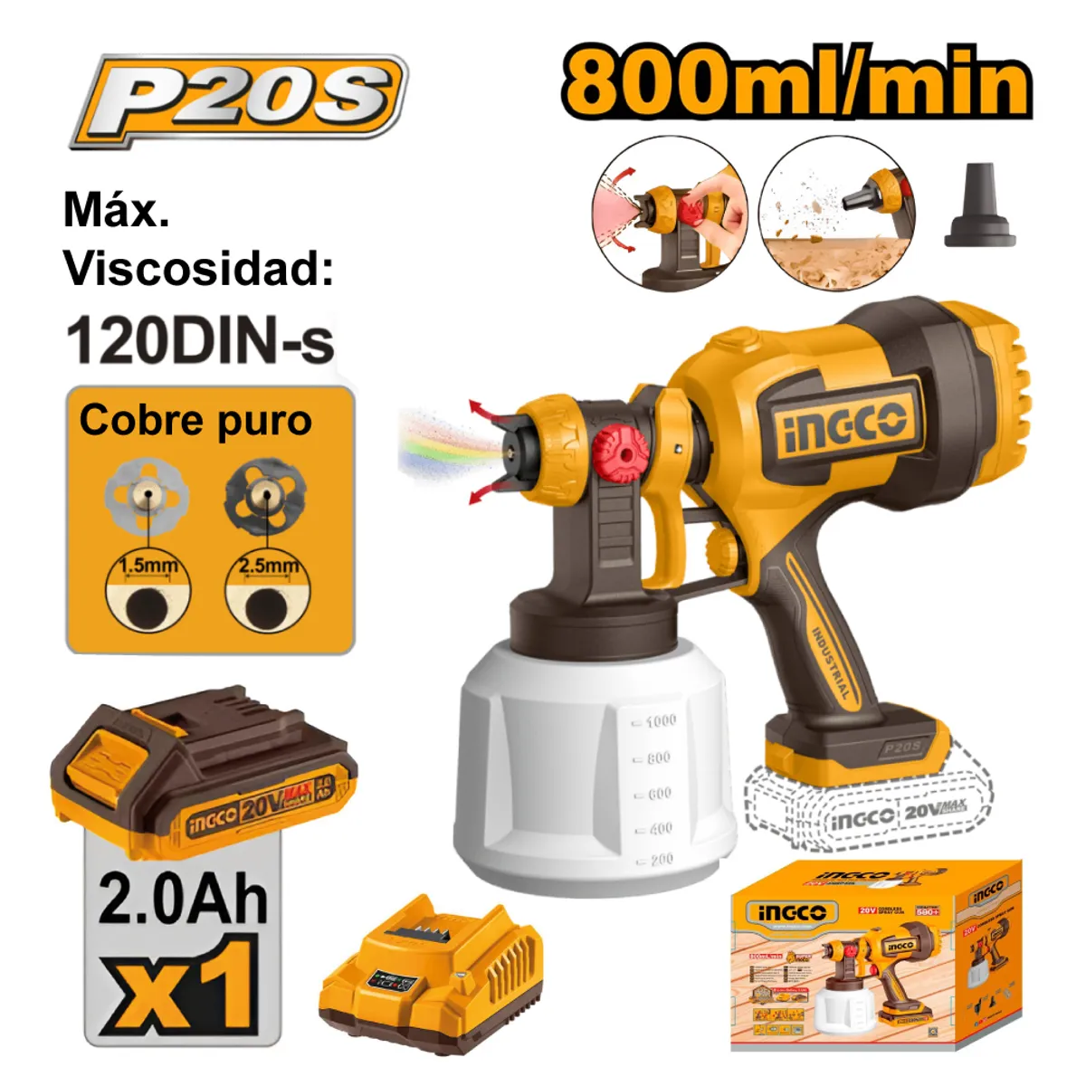 INGCO TOOLS - PISTOLA PARA PINTAR INGCO 20V 800MLMIN 120DIN-S + BATERÍA CSGLI20042