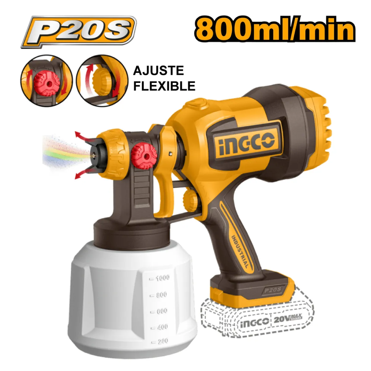 INGCO TOOLS - PISTOLA PARA PINTAR INGCO 20V 800MLMIN 120DIN-S + BATERÍA CSGLI20042