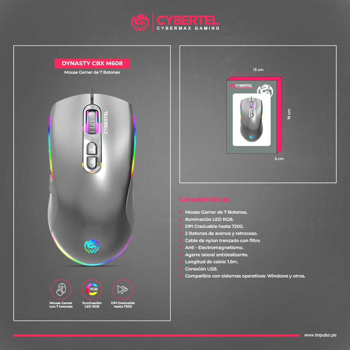 CYBERTEL - Mouse Gamer RGB 7B 7200DPI Cybertel Dynasty CBX M608