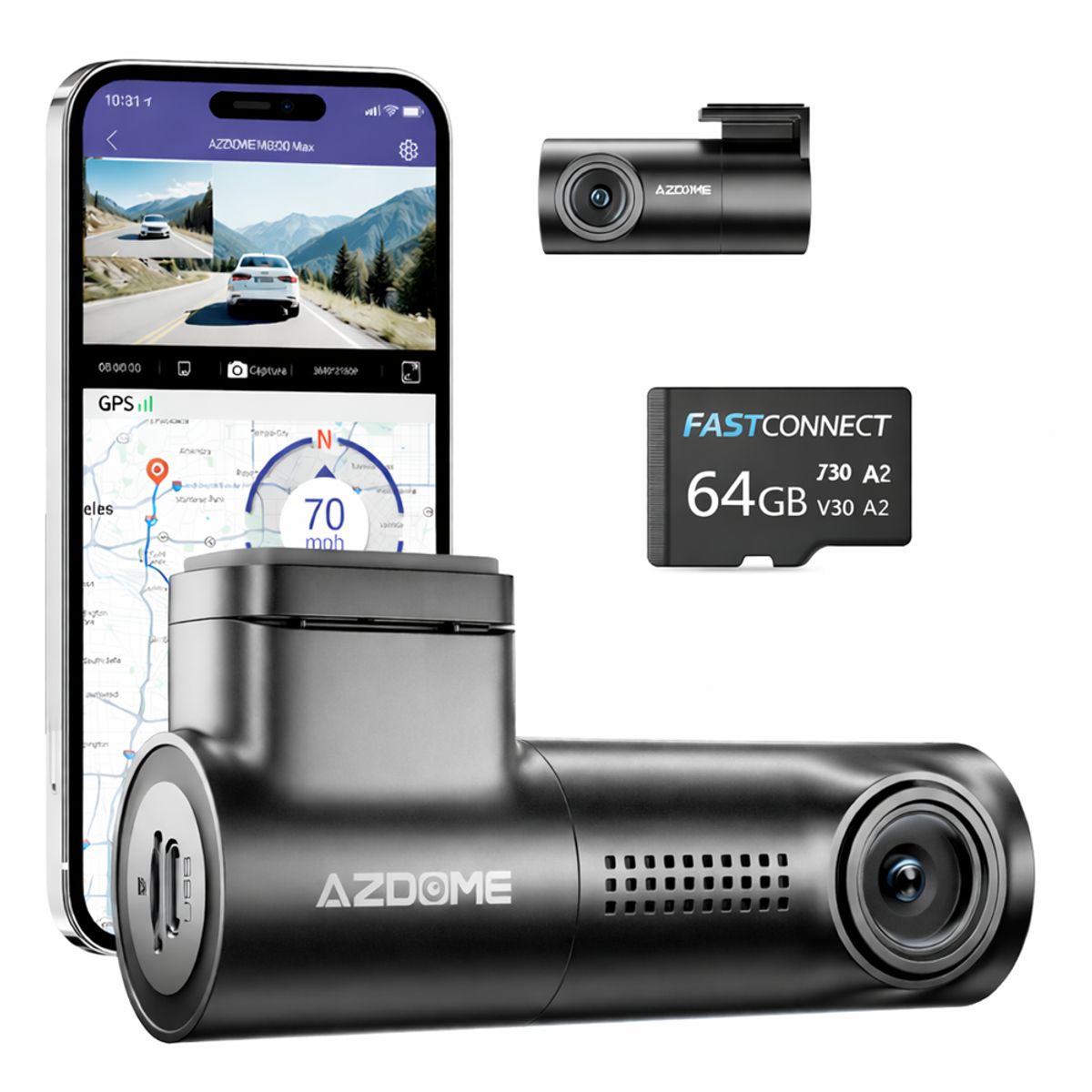 GENERICO - CAMARA PARA AUTOS DASHCAM 4K AZDOME M330 MAX Frontal + Trasera GPS WiFi Dual Band + Micro SD 64GB
