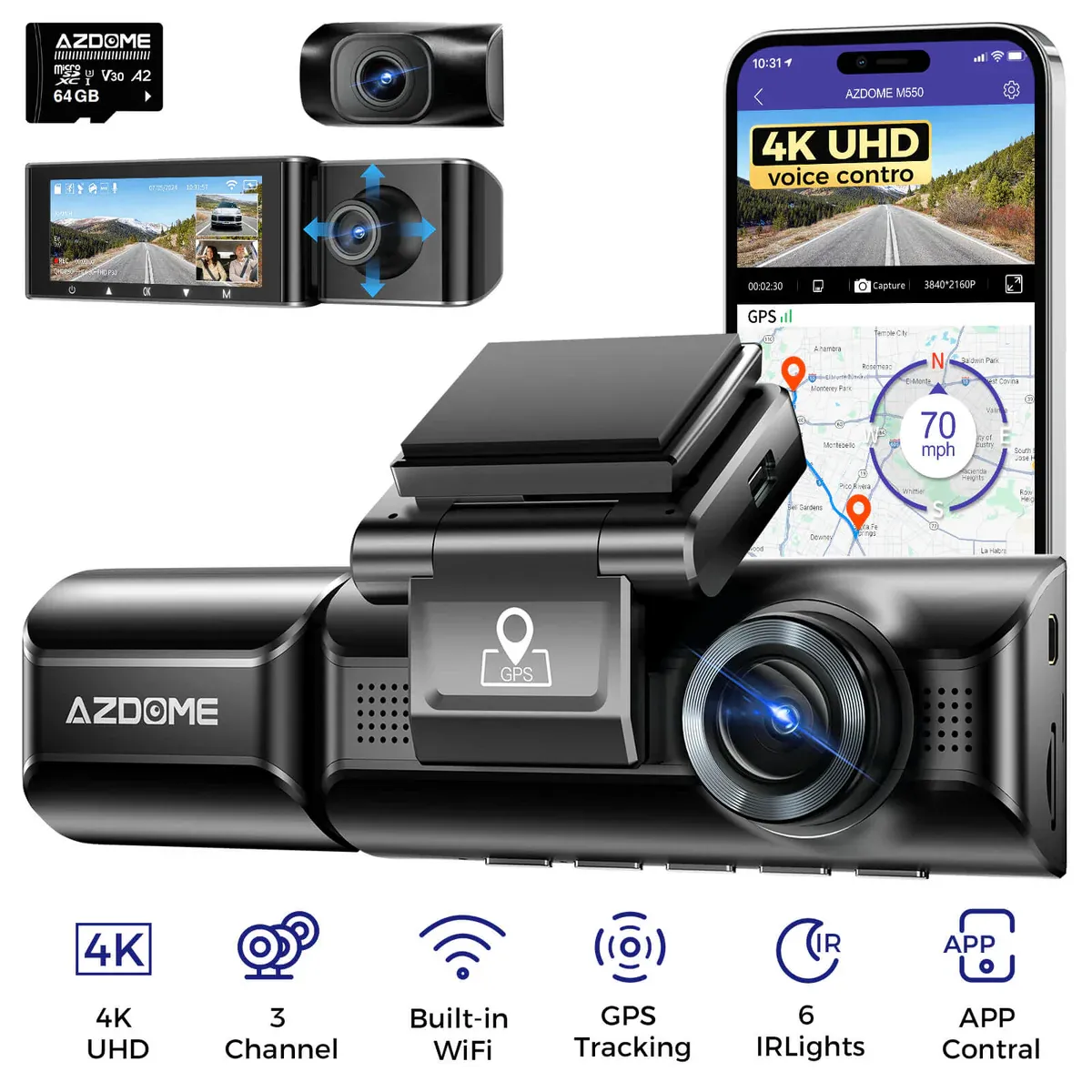GENERICO - CAMARA PARA AUTOS DASHCAM AZDOME M550 PRO 4K Triple Frontal + Interior + Trasera GPS + WiFi + 64GB