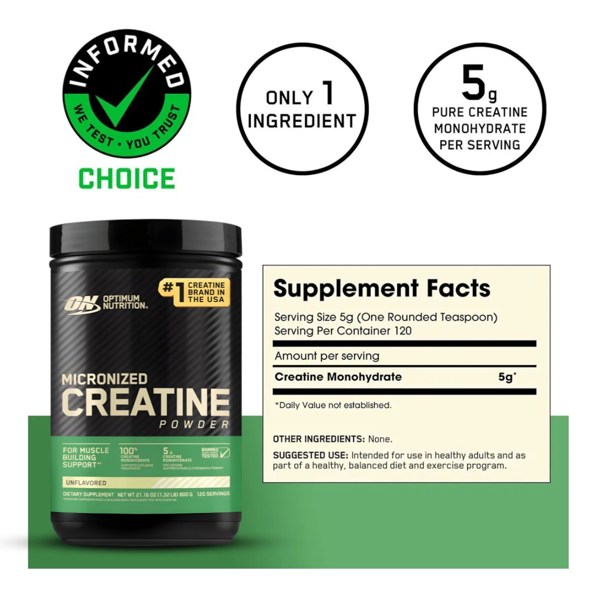 OPTIMUN NUTRITION - PACK X 02 - Creatina Optimum Nutrition 600 g - Creatina Monohidratada ON + 2 Scoop
