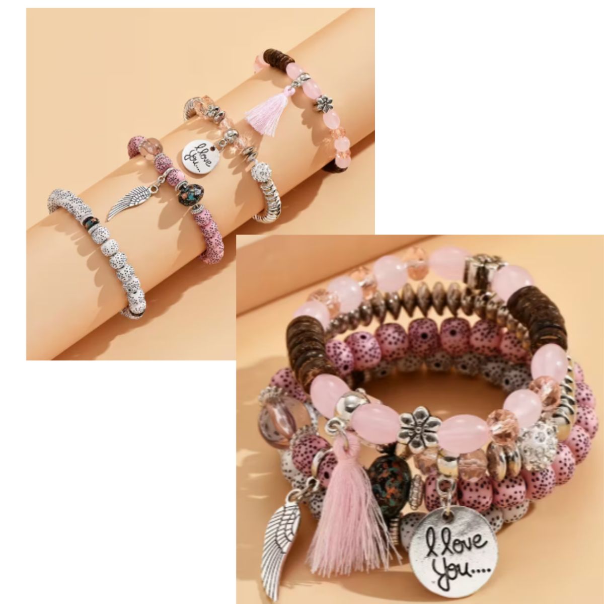 GENERICO - 4 pulseras estilo bohemio con alas, borlas y dijes