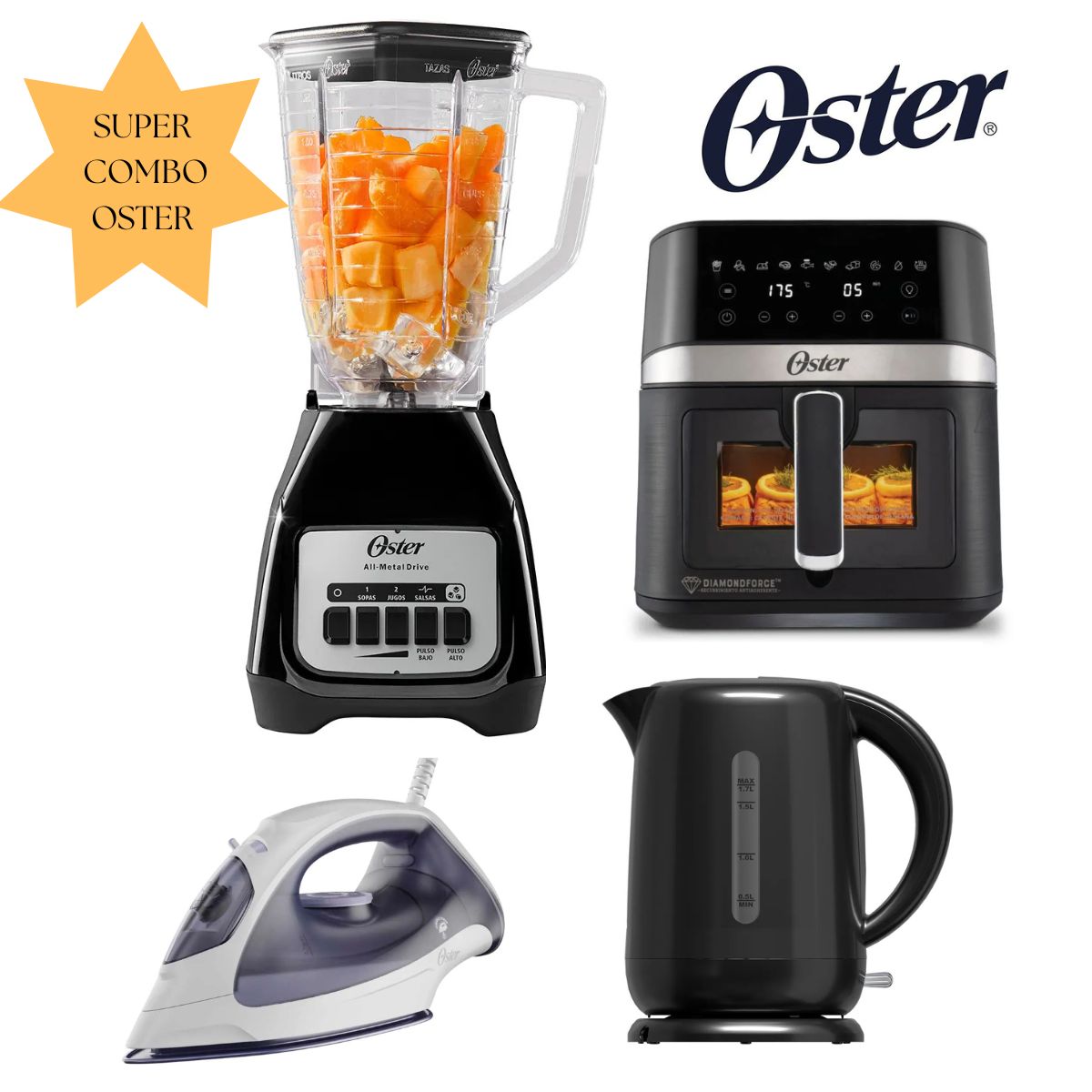 OSTER - Super Combo Oster Licuadora BPB +Freidora 6L.+Hervidor +Plancha