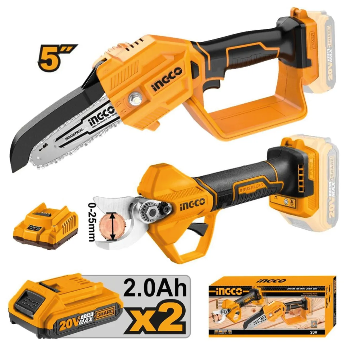 Kit Motosierra + Tijera de Podar Brushless INGCO 20V COSLI23065, marca INGCO TOOLS - Foto Principal