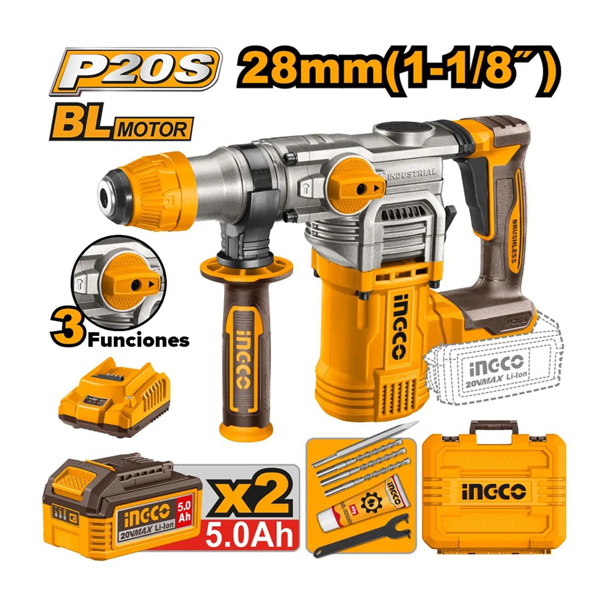 INGCO TOOLS - ROTOMARTILLO BRUSHLESS INGCO 20V 4.5J SDS PLUS 2 BATERÍAS CRHLI202885