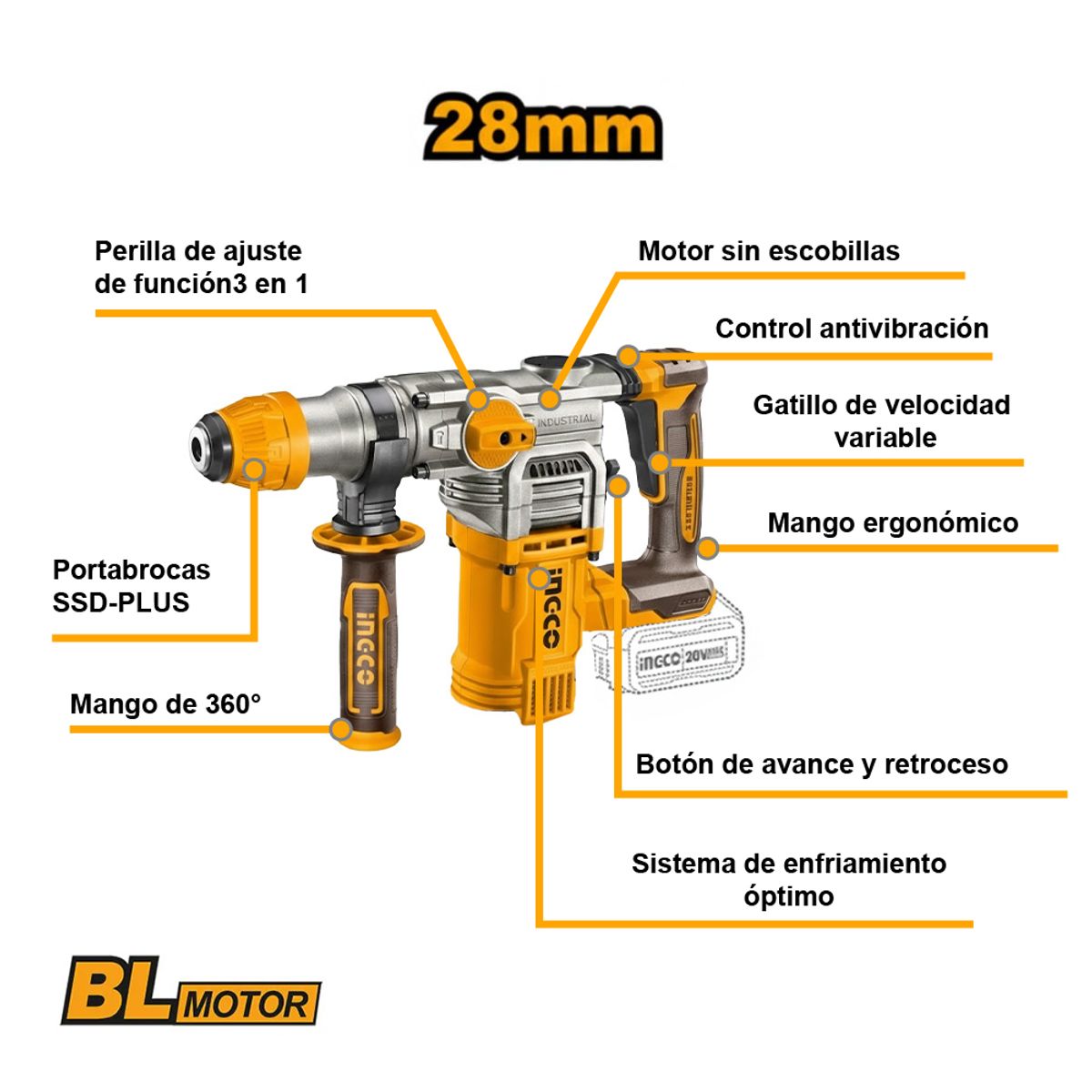 INGCO TOOLS - ROTOMARTILLO BRUSHLESS INGCO 20V 4.5J SDS PLUS 2 BATERÍAS CRHLI202885