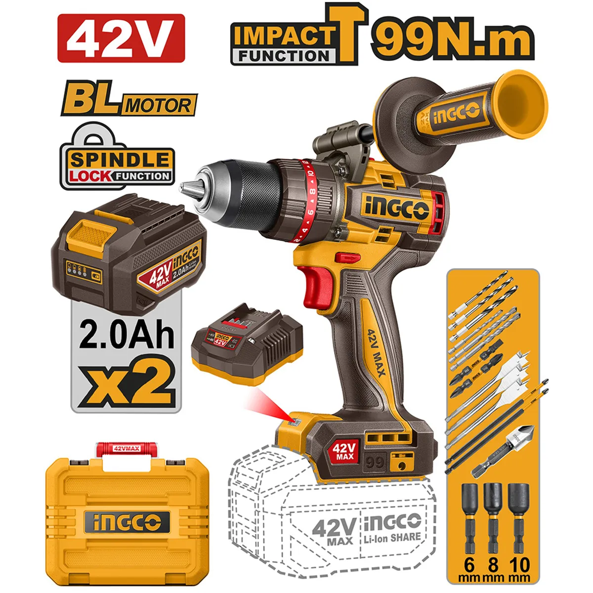 INGCO TOOLS - PERCUTOR BRUSHLESS INGCO 42V 99NM + 2 BATERÍAS CIDLI429982