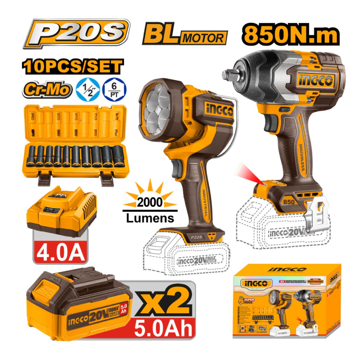 INGCO TOOLS - KIT LLAVE IMPACTO BRUSHLESS INGCO 850NM + LINTERNA LED 5AH COSLI241181