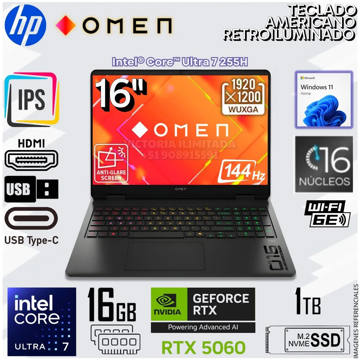 HP - Laptop Gamer HP OMEN 16" 2k 144hz Intel Core Ultra 7 255HX 16GB RAM DDR5 1TB SSD 16-AM0073DX