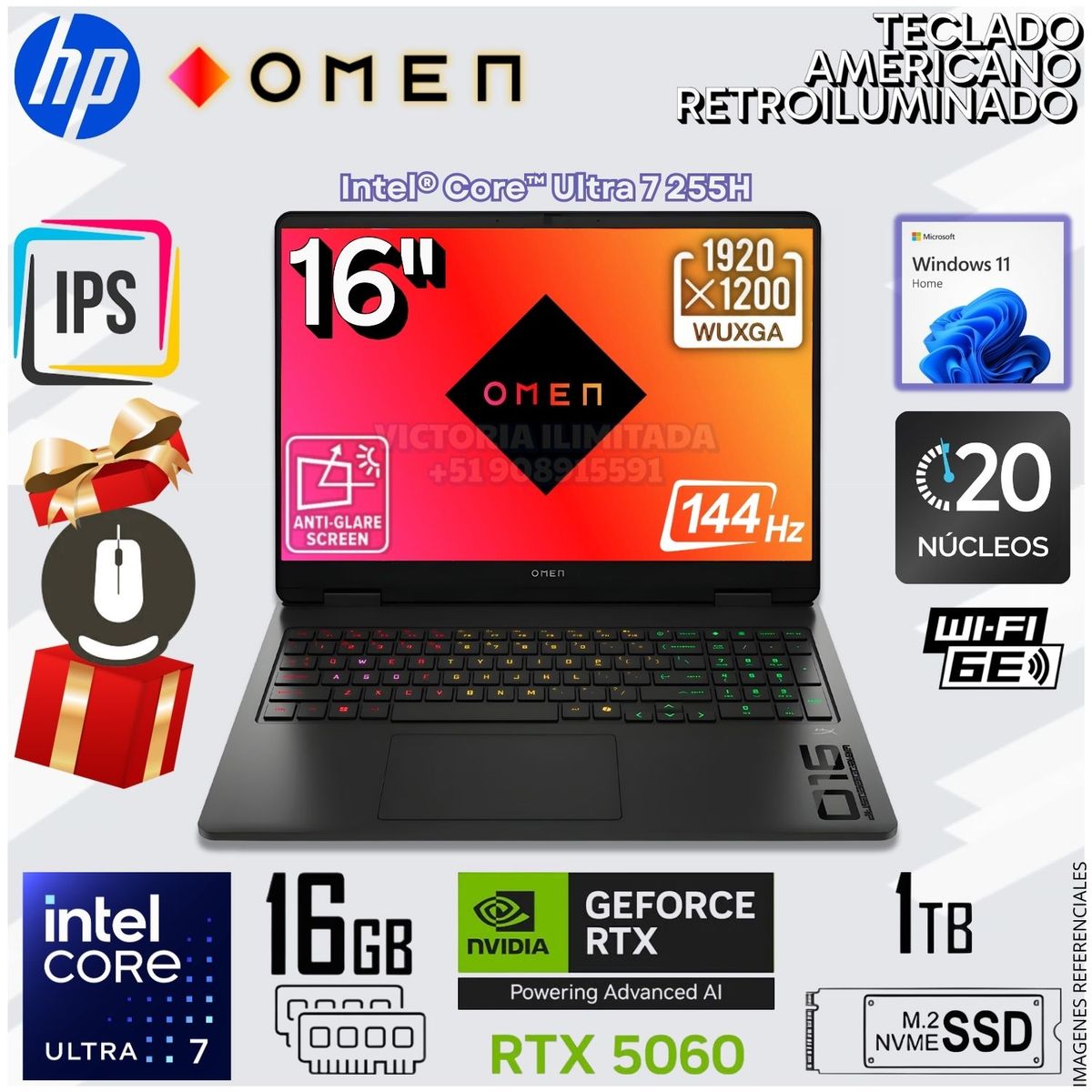 HP - Laptop Gamer HP OMEN 16" 2k 144hz Intel Core Ultra 7 255HX 16GB RAM DDR5 1TB SSD 16-AM0073DX
