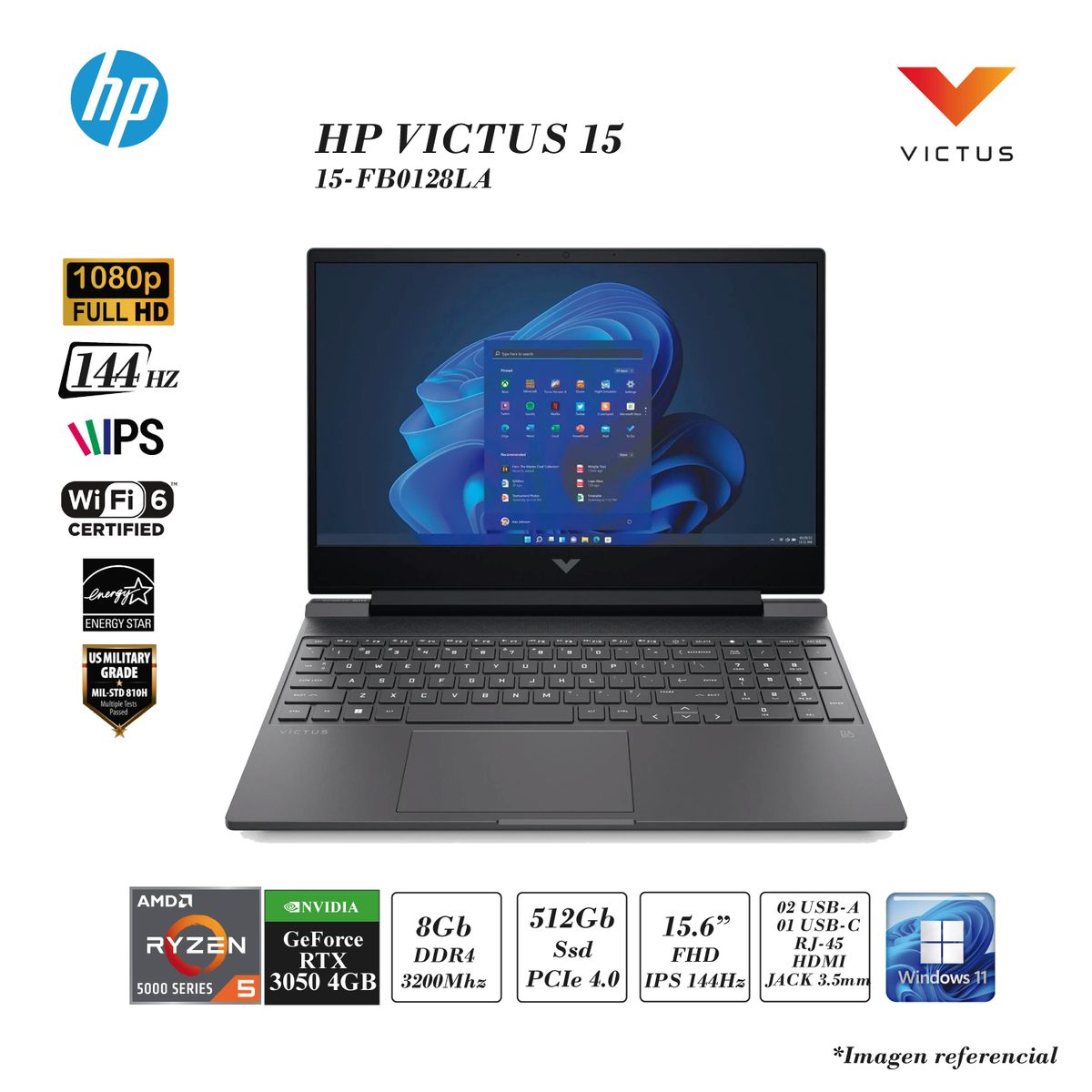 HP - LAPTOP HP VICTUS 15-FB0128LA R5-5600H 8GB RAM 512GB SSD 4GB RTX3050 15.6 FHD IPS W11 70WH