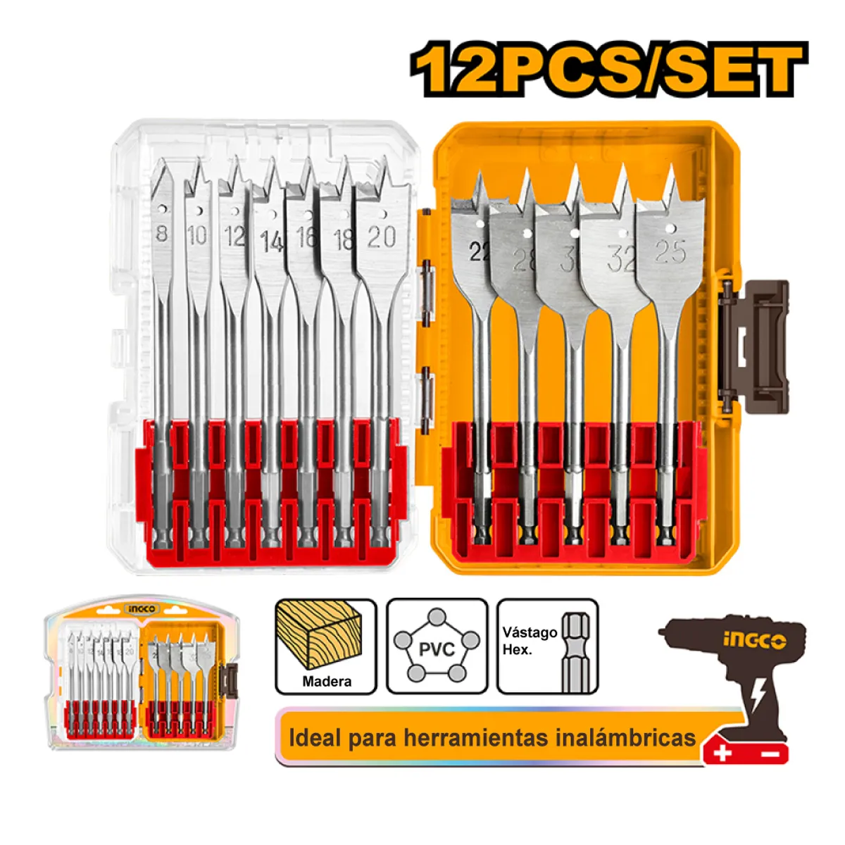 INGCO TOOLS - SET 12 BROCAS PLANAS PARA MADERA INGCO AKDL1206