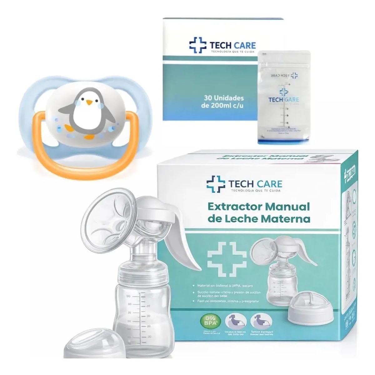 TECH CARE - Set Extractor De Leche + Chupon Avent + 25 Bolsas De Leche