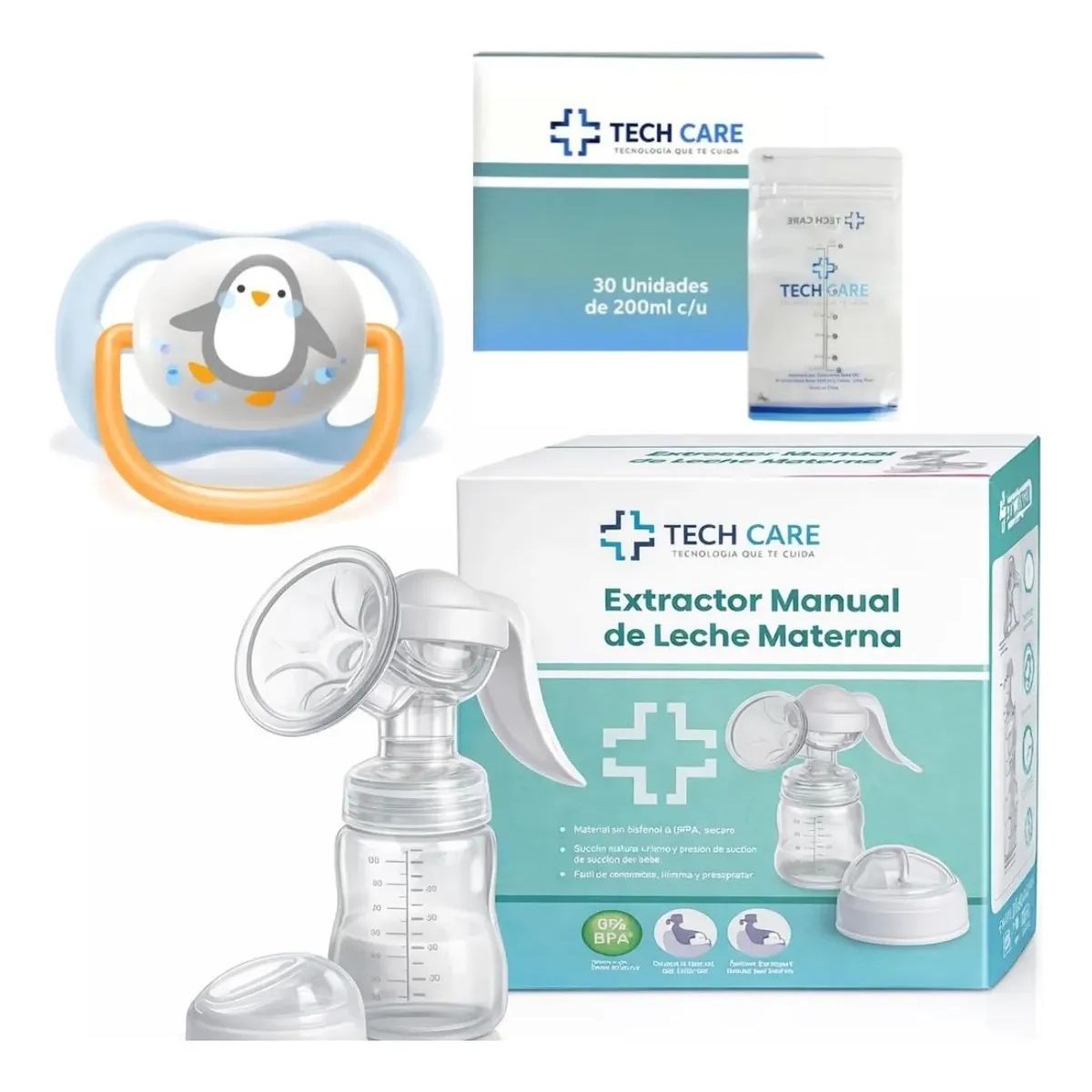 TECH CARE - Set Extractor De Leche + Chupon Avent + 25 Bolsas De Leche