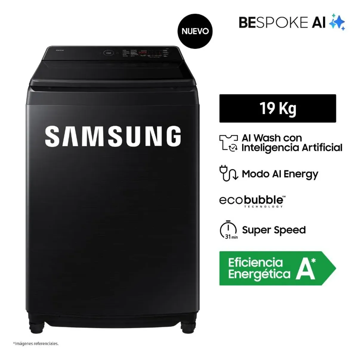 SAMSUNG - Lavadora 19KG AI Wash EcoBubble Negra Samsung WA80F19S8BPE